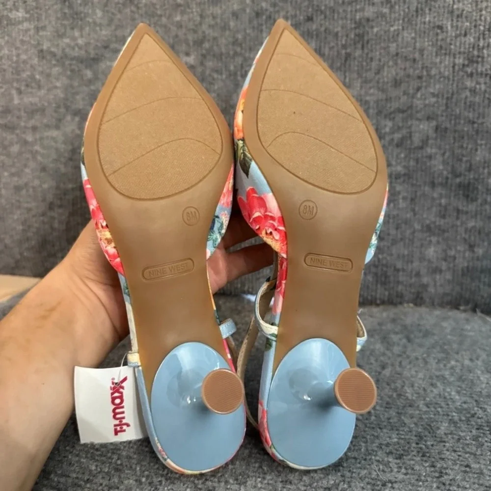 Nine West Womens Floral Slingback Pumps Blue Pink Pointed Toe Kitten Heel 8M NEW
